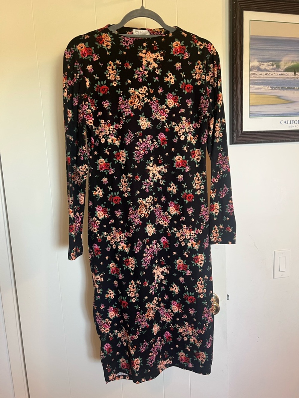Black Floral Long Sleeve Midi Dress by